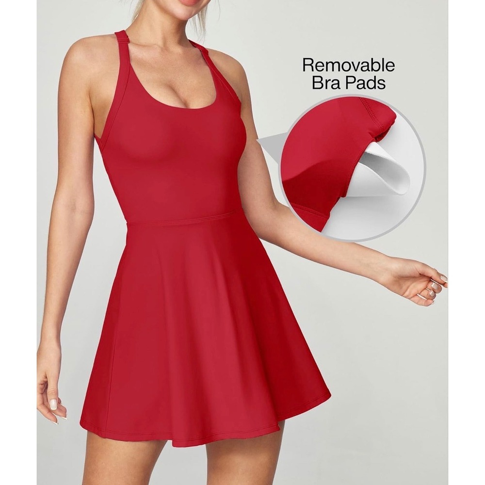 Backless Twisted Flare Halter Neck Exercise Dress with Built-in Shorts Red Small - Picture 16 of 16